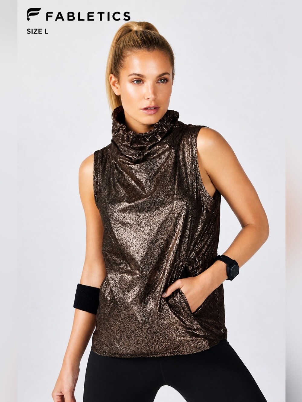 Fabletics Sleeveless Hooded Top Metallic Bronze Athleisure Nylon Size L